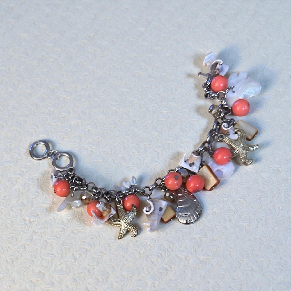 Beach Charm Bracelet | Coral Beads Shell Starfish Coastal Boho